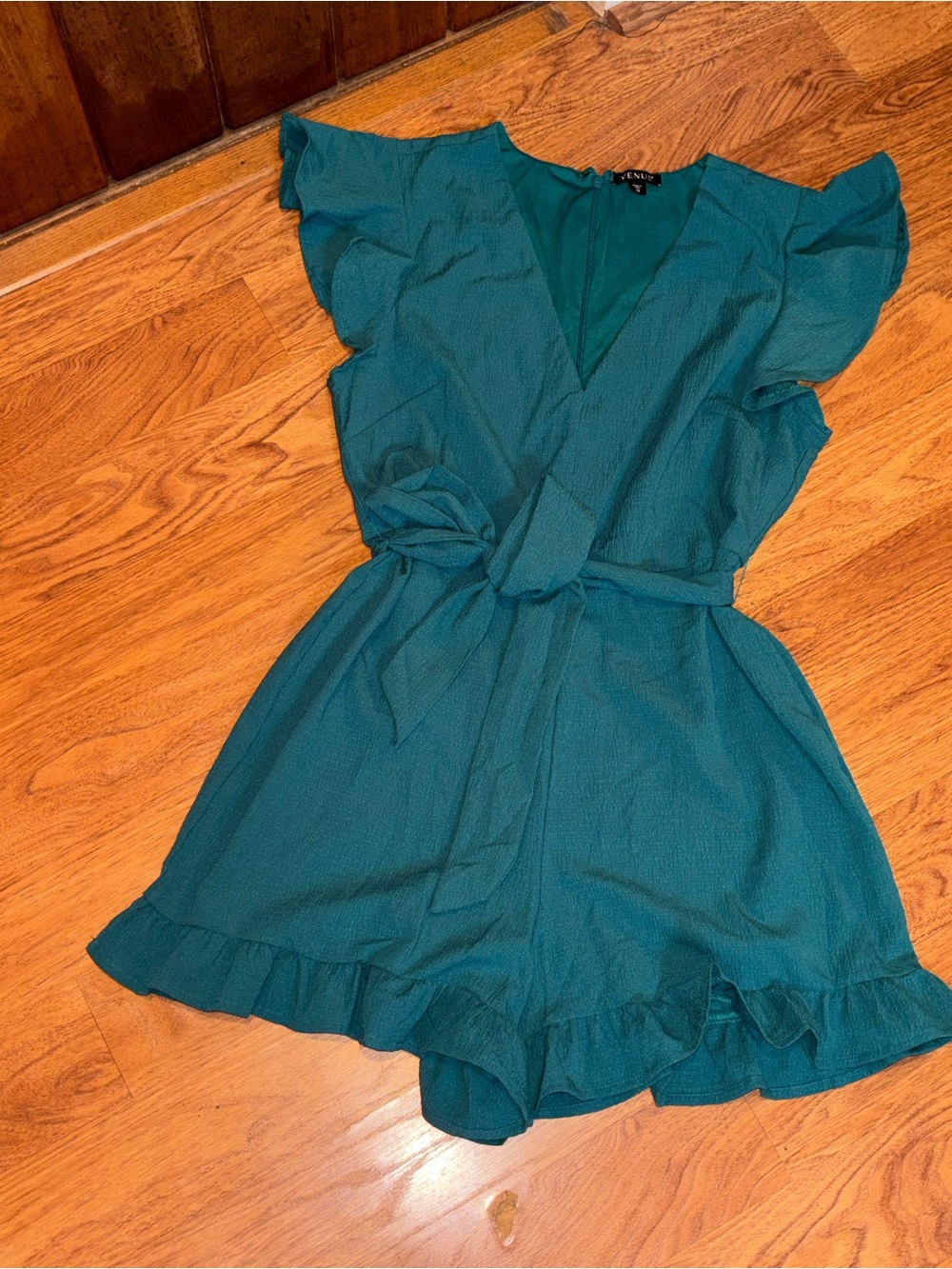 Venus Teal Wrap Romper with Ruffle Hem